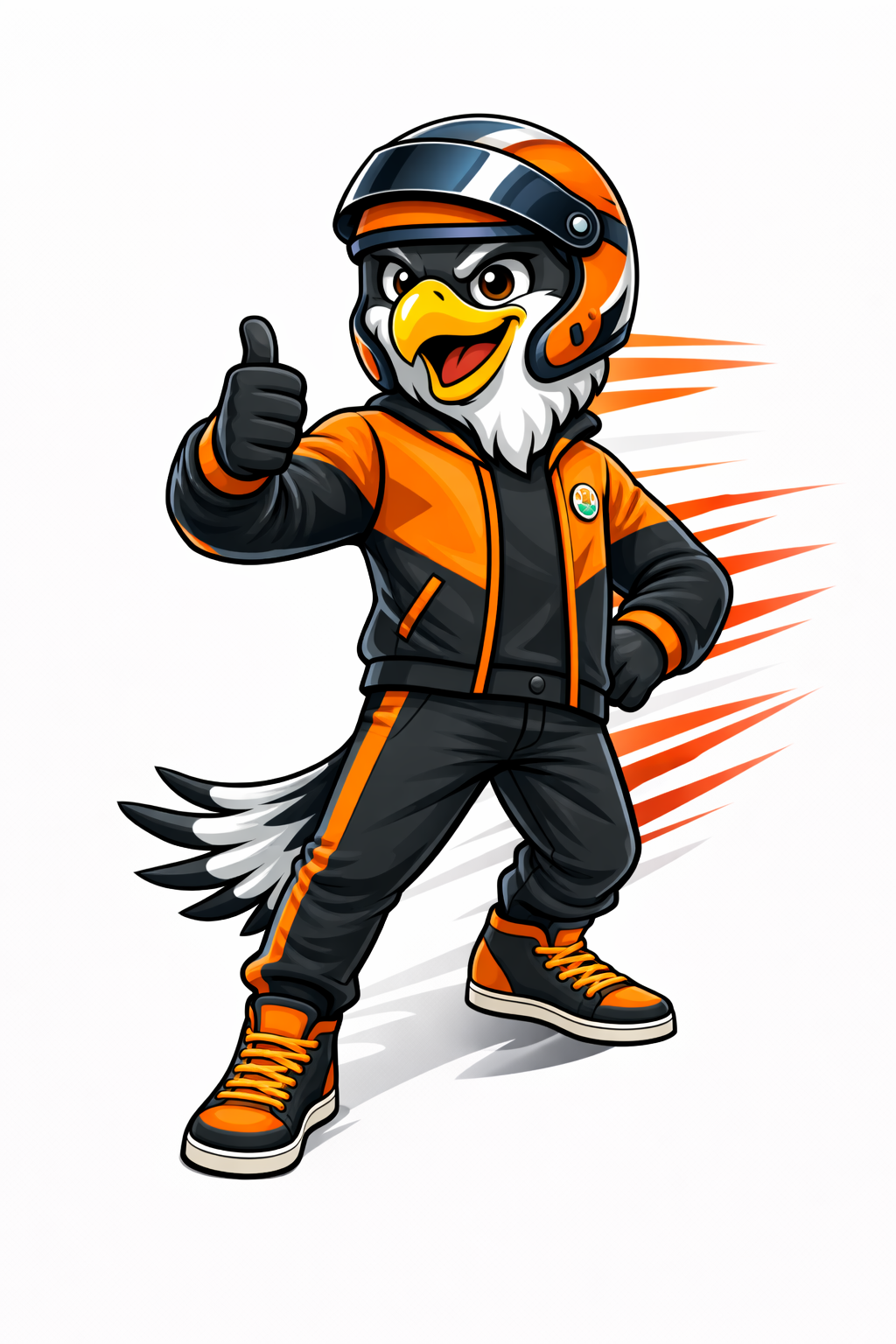 Mascota de Halcón Express con uniforme naranja y negro