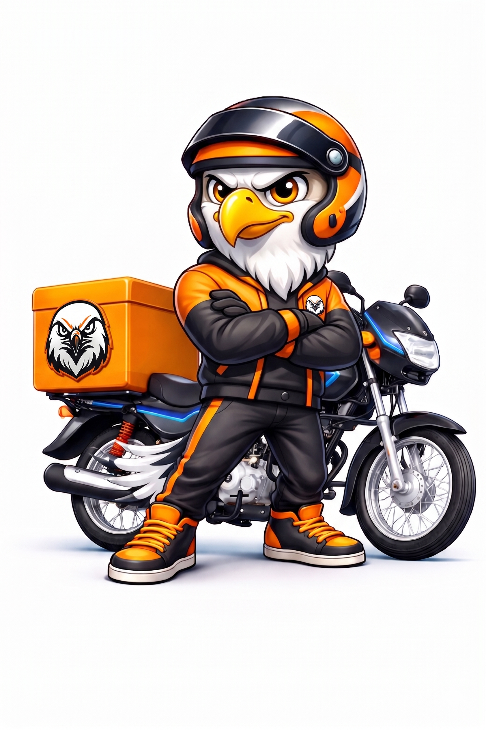 Mascota de Halcón Express como domiciliario junto a una motocicleta